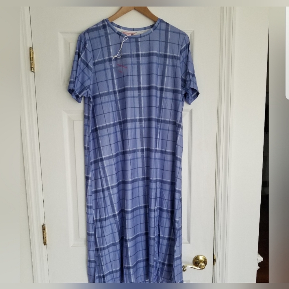 NWT Urban Threads  Midi Tshirt Dress Blue Plaid Print Size 14